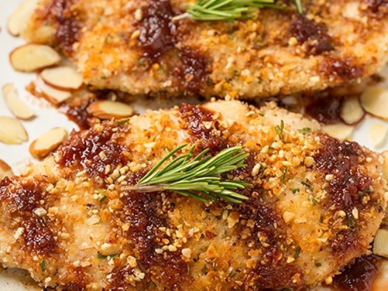 Almond Crusted Chicken with Strawberry Peach Balsamic Sauce
